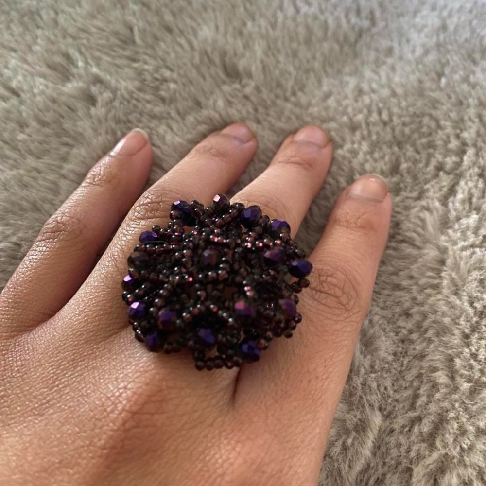 Handmade Purple Seed Beaded Flower Ring Size 6